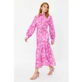 Trendyol Pink Belted Woven Lined Chiffon Floral Dress