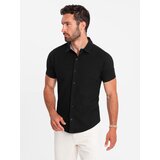 Ombre Men's knitted slim fit shirt with short sleeves and collar - black | shoptok.hr