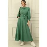 By Saygı Belted Waist Linen Effect Long Dress with Side Pockets