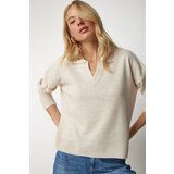  Women's Beige Polo Collar Basic Sweater | shoptok.hr