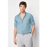 Trendyol Men's Blue Slim Fit Buttoned Collar Epaulette 100% Cotton Shirt