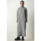 Happiness İstanbul Women's Gray Turtleneck Slit Oversize Knitwear Dress