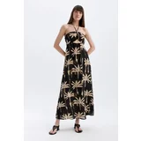 Defacto A-Line Halter Neck Printed Leather Maxi Dress