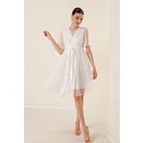 By Saygı Double Breasted Neck Waist Belted Lined Lace Dress with Flare Skirt Ecru. | shoptok.hr