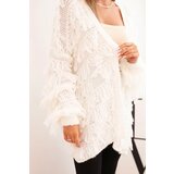 Kesi Włoski Women's cardigan with fringes and a loose fit ecru | shoptok.hr