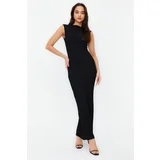 Trendyol Black Textured Fabric Fitted Moon Sleeve Knitted Stretchy Midi Pencil Dress