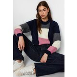 Trendyol Navy Blue Soft Textured Color Block Crew Neck Knitwear Sweater Cene