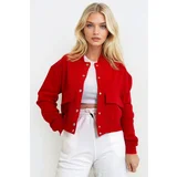 Trend Alaçatı Stili Women's Red Snap Closure Double Pocket Raster Crop Jacket