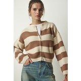 Happiness İstanbul Women's Cream Biscuit Zippered Striped Knitwear Cardigan Cene