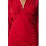  Women's Red V-Neck Pleated Sandy Knitted Dress | Eponuda.ba