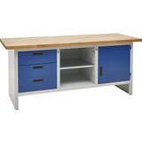 eurokraft basic Delovna miza z zaprtimi stranicami, 3 predali, 1 vrata, širina 2000 mm, svetlo sive / encijan modre barve | Shoptok.si