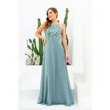 Carmen Sequined Long Evening Dress with Lace Straps. Cene