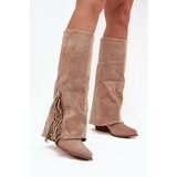 Boto Ladies Slip-On Cowboy Boots With Heel And Fringes Beige Zalia Cene
