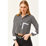 Olalook Women's Black and White Pocket and Cuff Detail Striped Crop Shirt