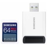 Samsung sd card 64GB, pro ultimate, sdxc, uhs-i U3 V30, read up to 200MB/s, write up to 130 mb/s, for 4K and fullhd video recording, w/usb card reader cene