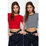 Trendyol Navy Blue Striped-Red Plain 2-Pack Fitted/Simple Crop Corduroy Knit Blouse | Shoptok.si