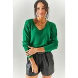 Olalook Women's Grass Green V-Neck Soft Textured Knitwear Sweater Cene
