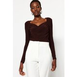 Trendyol Brown Padded Drape Detailed Fitted/Sleepy, Flexible Knitted Bodysuit Cene