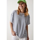 Happiness İstanbul women's gray crew neck striped oversize knitted t-shirt Cene