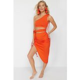 Trendyol Orange Fitted Knitted Gathered One Shoulder Blouse Skirt Set Cene