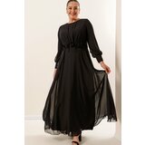 By Saygı Lined Long Chiffon Dress with Floral Detail Wide Sizes Dark Indigo. Cene
