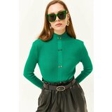 Olalook Women's Grass Green High Neck Button Garnished Lycra Knitwear Sweater Cene