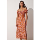  Women's Orange Pleated Collar Floral Satin Surface Summer Dress | Eponuda.ba