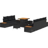 vidaXL 10 delni set vrtne sedežne garniture s blazinami črna poli ratan akacija | Shoptok.si