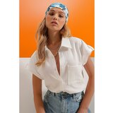 Trend Alaçatı Stili Women's White Cuffed Double Short Sleeve Textured Shirt Cene