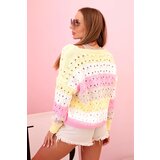 Kesi Włoski Women's striped openwork sweater with a V-neck yellow + pink | Shoptok.si