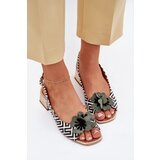 Laura Messi Leather Women's Sandals On A Block Heel With Decorative Flower 2973 White-Black | Shoptok.si