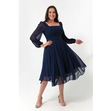 Lafaba Women's Navy Blue Square Collar With Belt, Midi Chiffon Plus Size Evening Dress. cene