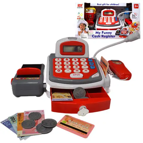 Magic Toys Rdeča funkcionalna električna blagajna s tekočim trakom, izdelki in zvokom Cene