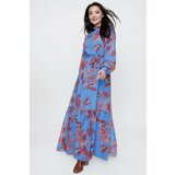 By Saygı Pleated Top With Belted Waist Leaf Pattern Lined Long Chiffon Dress Blue Cene