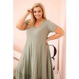 Kesi Włoski Plus size women's dress with short sleeves and ruffle made of light viscose khaki | Shoptok.si