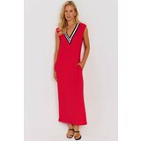 Cool & Sexy Women's Red V Neck Block Maxi Dress cene