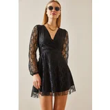 XHAN Black Decollete Lace Detail Mini Dress