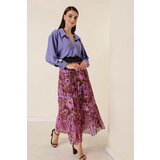By Saygı Wide Waist, Elastic Lined Chrysanthemum Pattern Tri-Pleat Skirt Purple Cene