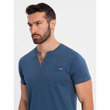 Ombre Men's T-shirt with button neckline and suede trim - dark blue | Shoptok.si