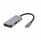station GEMBIRD USB adapter Type-C 3-in-1 multi-port adapter (USB port + HDMI + PD), silver, A-CM-COMBO3-02