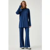 Happiness İstanbul Women's Navy Blue Ribbed Knitted Blouse Pants Suit