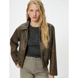 Koton Faux Leather Jacket Vintage Effect Zippered Shirt Collar Cene