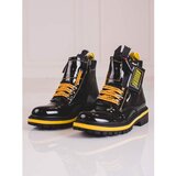 SHELOVET Lacquered girls' ankle boots with yellow inserts Cene