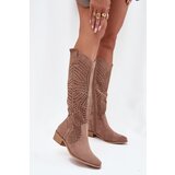Boto Perforated Women's Knee-high Block Heeled Boots Beige Fioris | shoptok.hr