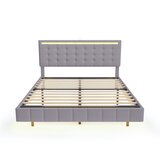 Lumor Postelja za odrasle 160x200 cm – lebdeča z LED in 2 USB-priključkoma + letveno dno – laneno blago – siva, (22151342) | Shoptok.si