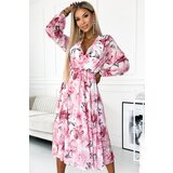 Numoco Chiffon midi dress with long sleeves and neckline - white with pale pink flowers | Shoptok.si