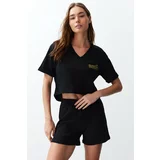 Trendyol Black Embroidered Ribbed Knitted Pajamas Set