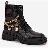Boto Lacquered Ankle Boots Workers Women's With Golden Chain Insulated Black Sarinae | shoptok.hr