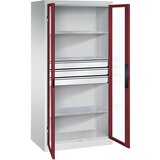 C+P Omara s krilnimi vrati z akrilnim steklom, VxŠxG 1950 x 930 x 600 mm, 3 police, 3 predali, svetlo sive / rubinasto rdeče barve | Shoptok.si