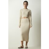 Happiness İstanbul Women's Cream Ribbed Crop Knitwear Sweater Skirt Suit cene